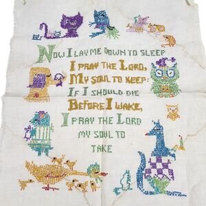VTG 1950s EMBROIDERED THE LORD'S PRAYER UNFRAMED CROSS STITCH NEEDLEPOINT ANIMAL